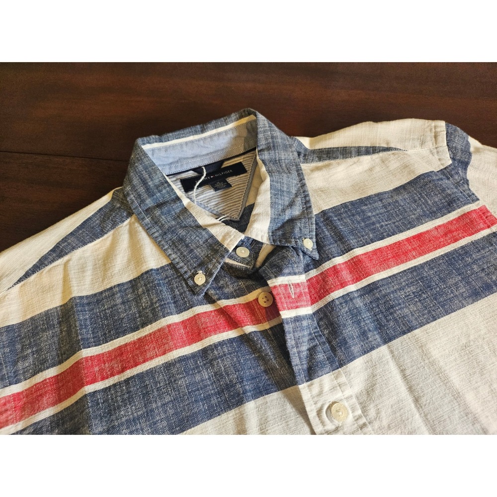 Tommy Hilfiger Button Down Shirt Mens Medium Blue Red Striped Long Sleeve